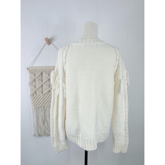 Cupcakes & Cashmere Angie Sweater Size Large White Ivory Fringe Pom Detail - Picture 9 of 12